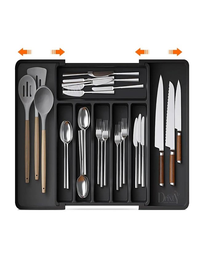 DRIXTY Expandable Cutlery Tray Plastic Drawer Holder To Store Organize Spoons Toiletries For Home Kitchen,Bed,Multipurpose Cutlery Organizer Tray/Store Plate For Modular Kitchen-Utensils (Black) - Image 1